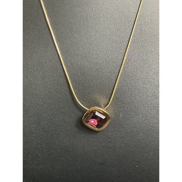 Gold Snake Chain Necklace With Square Purple Gemstone Pendant - Picture 3 of 6
